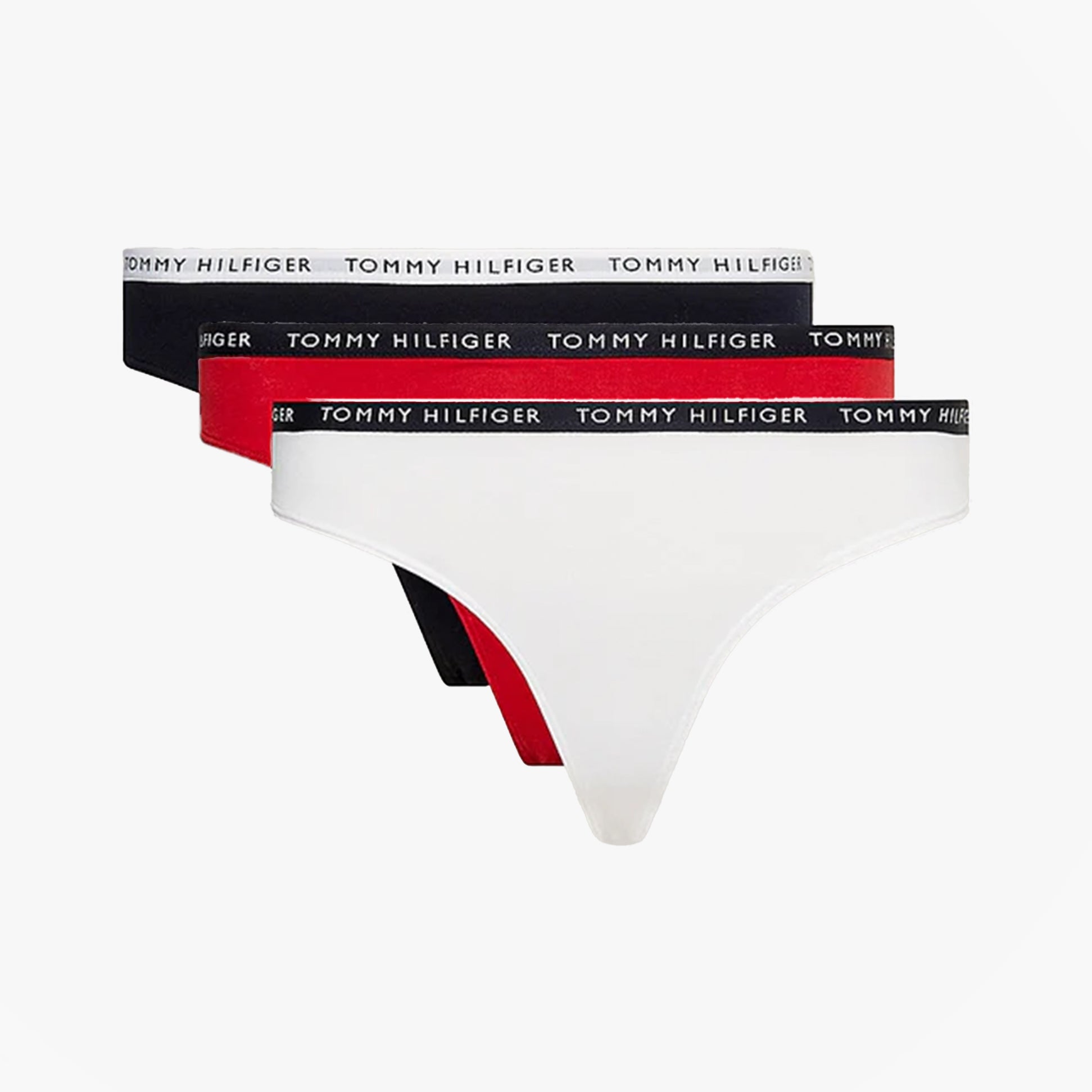 Tommy Hilfiger THONG 3 Pack Womens White/Desert Sky/Primary Red front view showcasing three thongs with branded waistbands.