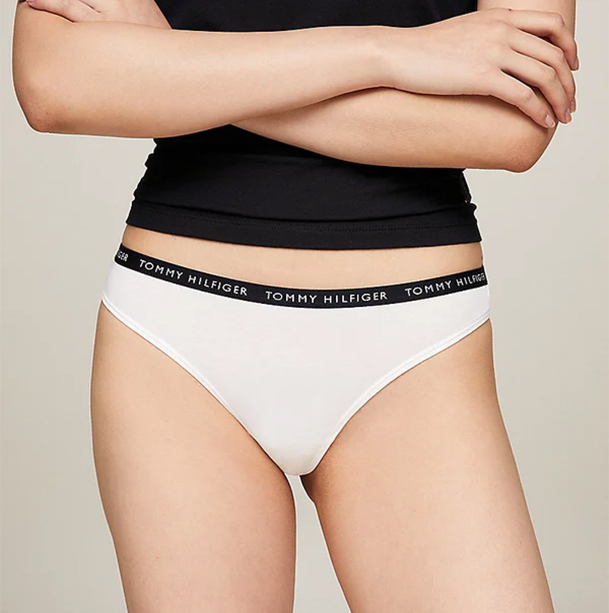 Tommy Hilfiger THONG 3 Pack Womens White/Desert Sky/Primary Red front view displaying high-cut leg and elasticated waistband.