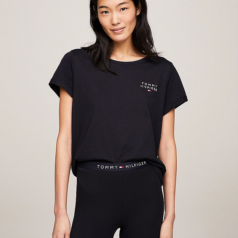 Tommy Hilfiger PURE COTTON Womens T-Shirt Desert Sky front view on model, showcasing crew neck and TH logo.
