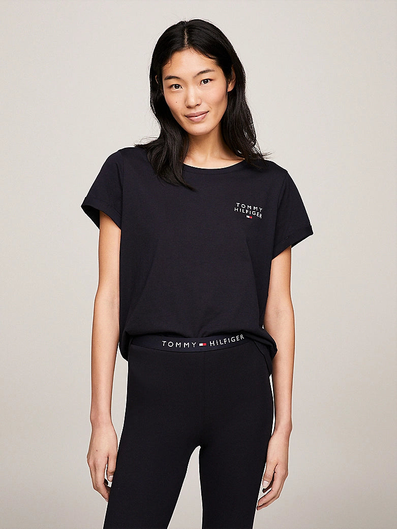 Tommy Hilfiger PURE COTTON Womens T-Shirt Desert Sky front view on model, showcasing crew neck and TH logo.