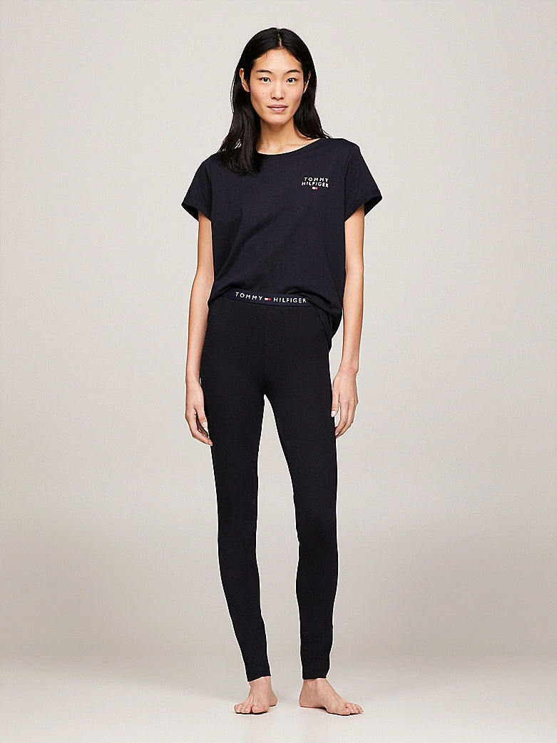 Tommy Hilfiger PURE COTTON Womens T-Shirt Desert Sky front view worn with matching black leggings.