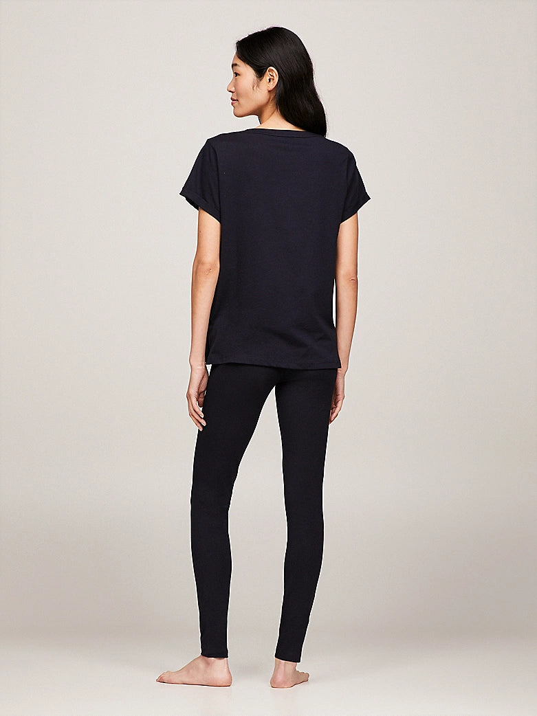 Tommy Hilfiger PURE COTTON Womens T-Shirt Desert Sky back view worn with leggings, showcasing comfort and style.