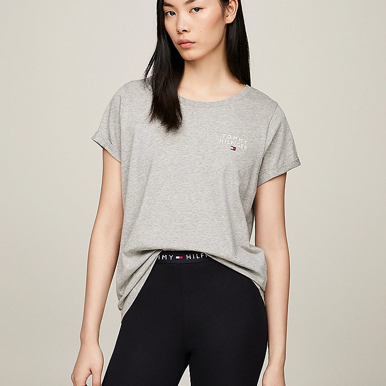 Tommy Hilfiger PURE COTTON Womens T-Shirt Light Grey Heather front view displaying crew neck and TH logo on chest.