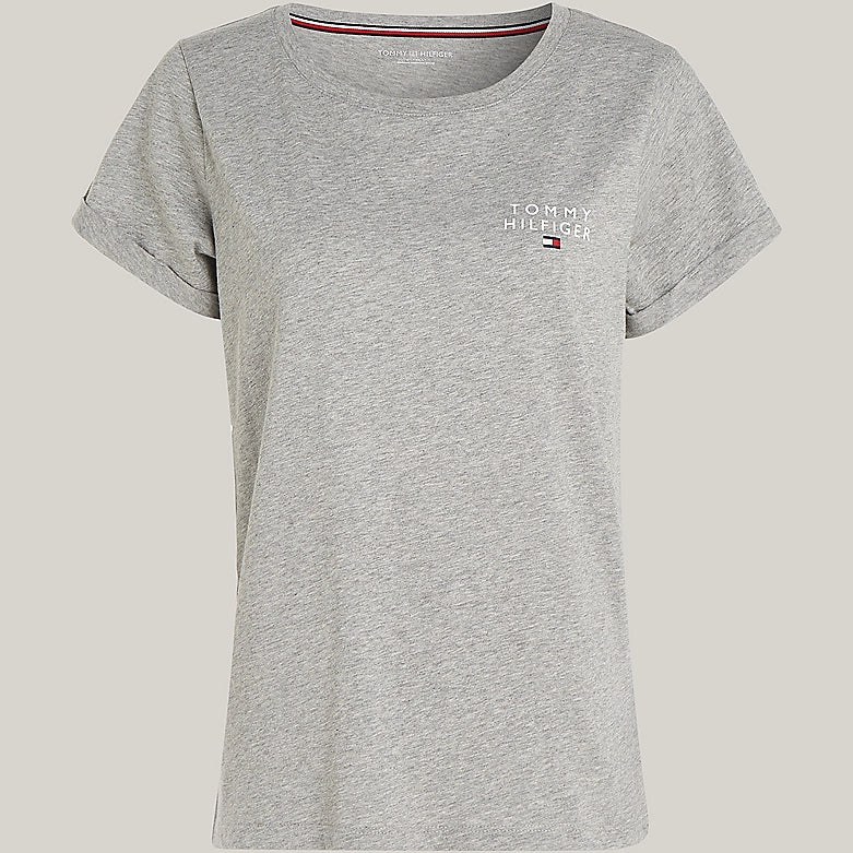 Tommy Hilfiger PURE COTTON Womens T-Shirt Light Grey Heather front view with crew neck and TH logo on the chest.
