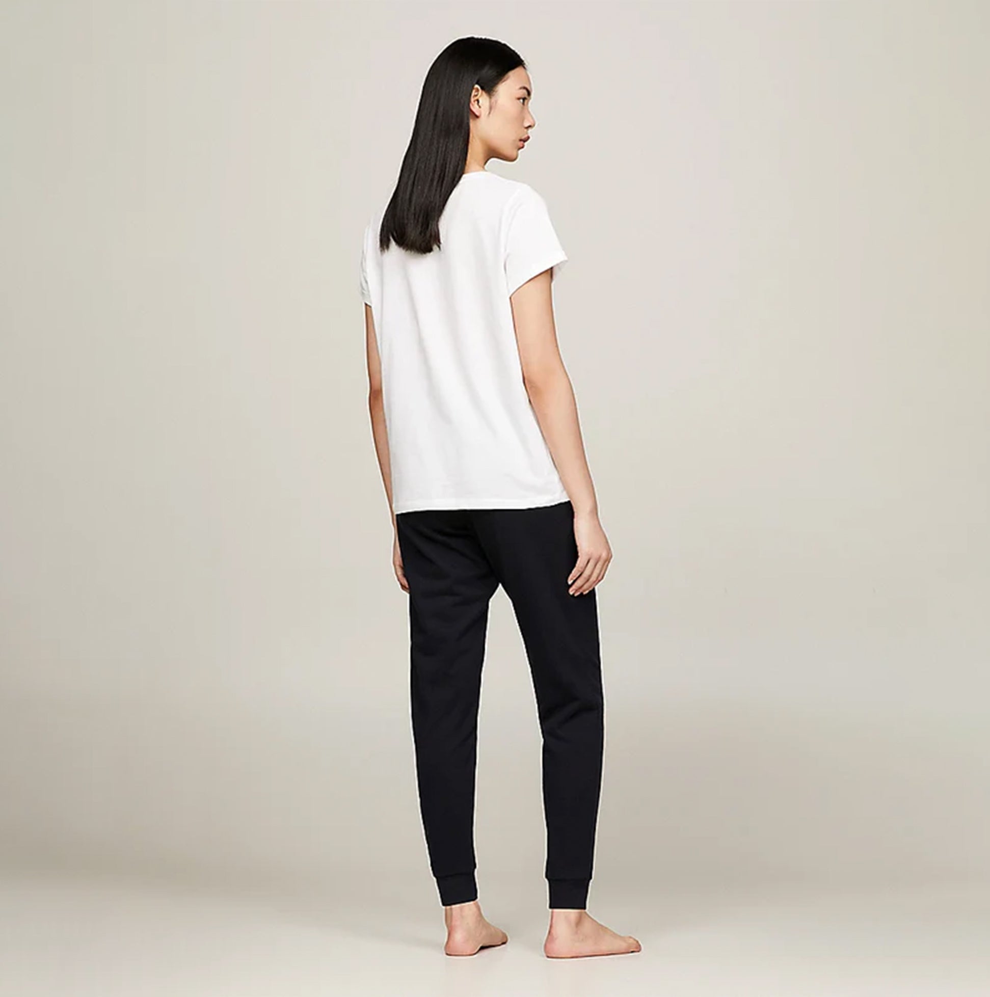 Tommy Hilfiger PURE COTTON Womens T-Shirt White back view worn with black pants on model.