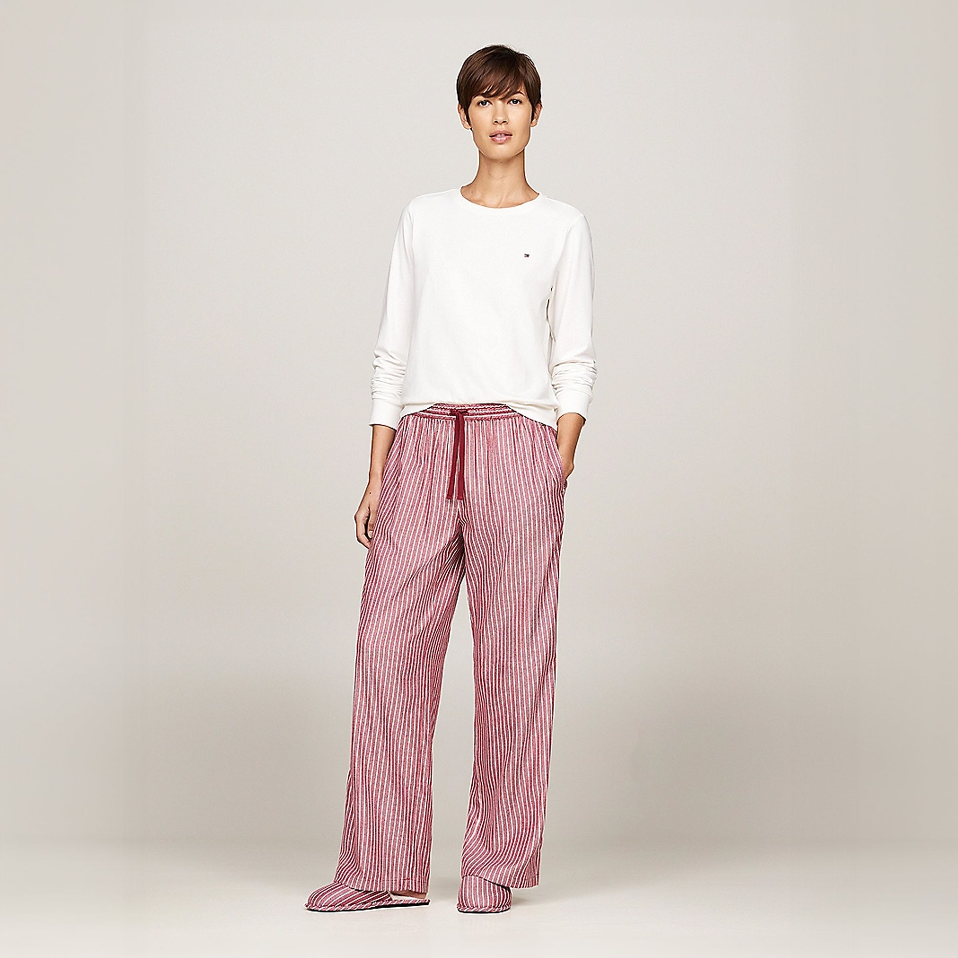 Tommy Hilfiger ORIGINAL Womens Flannel Pan Ivory/Pinstripe Rouge front view, featuring long sleeve top and relaxed fit pants.