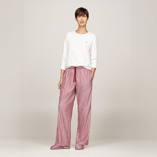 Tommy Hilfiger ORIGINAL Womens Flannel Pan Ivory/Pinstripe Rouge front view, featuring long sleeve top and relaxed fit pants.