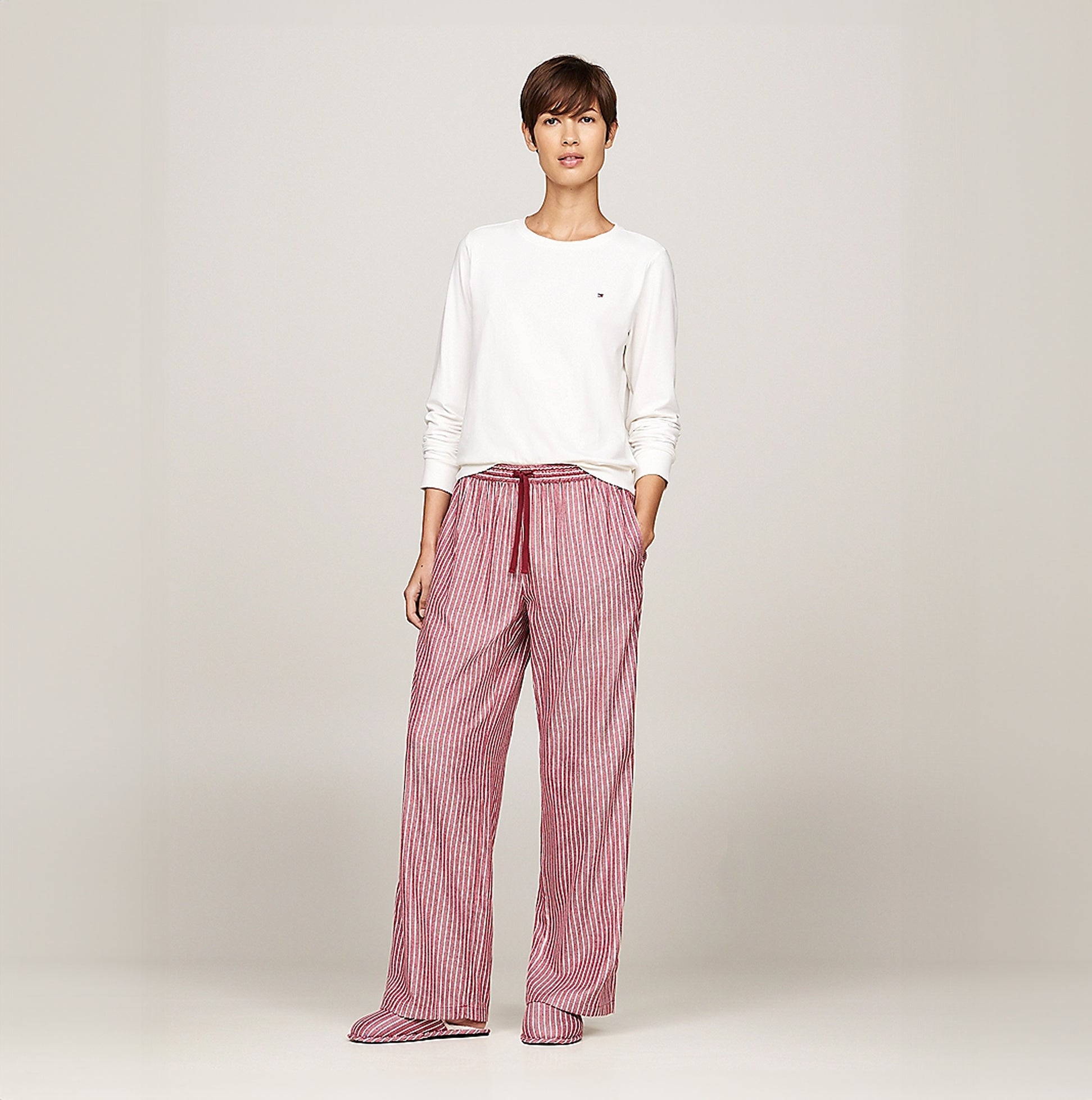 Tommy Hilfiger ORIGINAL Womens Flannel Pan Ivory/Pinstripe Rouge front view, featuring long sleeve top and relaxed fit pants.