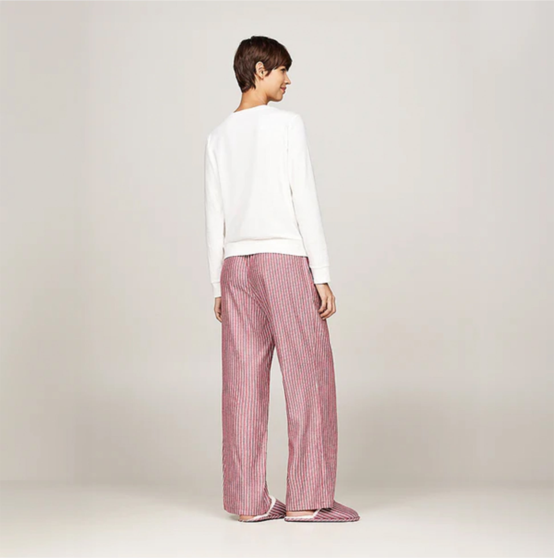 Tommy Hilfiger ORIGINAL Womens Flannel Pan Ivory/Pinstripe Rouge back view featuring long sleeve top and striped pajama pants