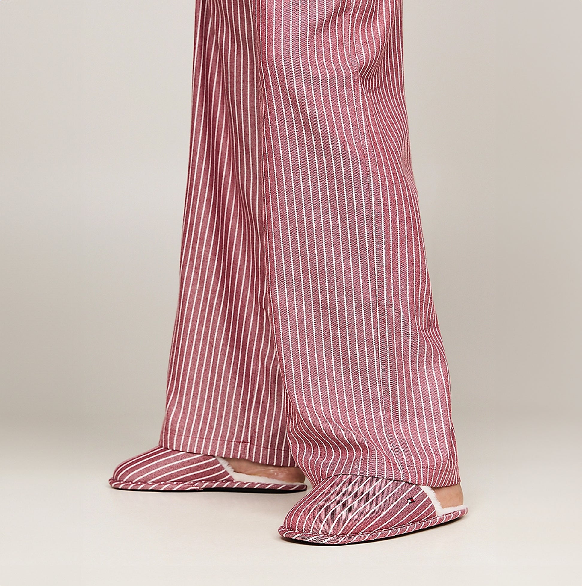 Tommy Hilfiger ORIGINAL Womens Flannel Pan Ivory/Pinstripe Rouge side view featuring pajama pants and matching slippers.