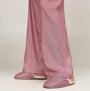 Tommy Hilfiger ORIGINAL Womens Flannel Pan Ivory/Pinstripe Rouge side view featuring red pinstripe lounge pants and matching slippers.