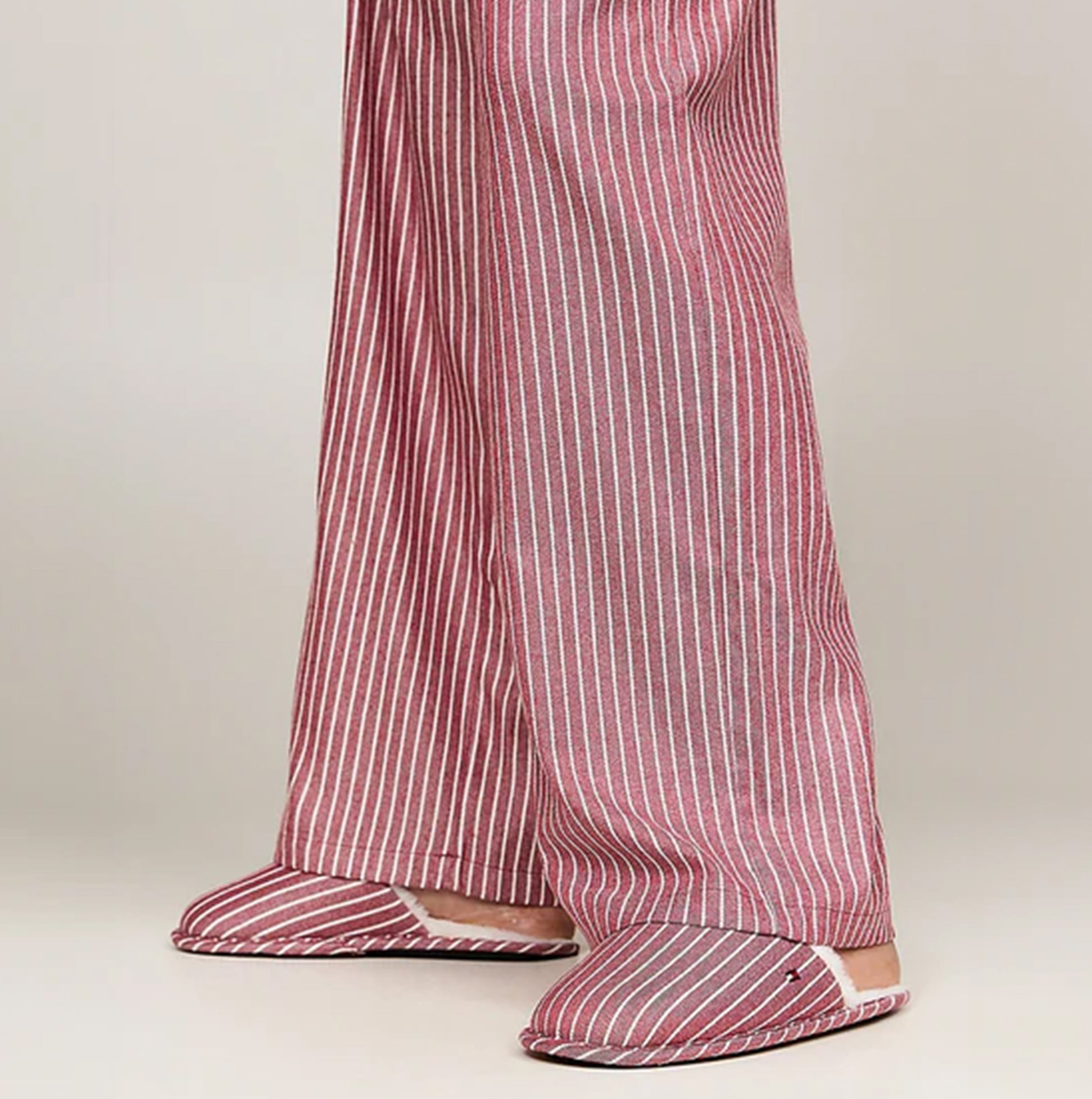 Tommy Hilfiger ORIGINAL Womens Flannel Pan Ivory/Pinstripe Rouge side view featuring red pinstripe lounge pants and matching slippers.