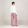 Tommy Hilfiger ORIGINAL Womens Flannel Pan Ivory/Pinstripe Rouge back view showing long loungewear top and striped pants.