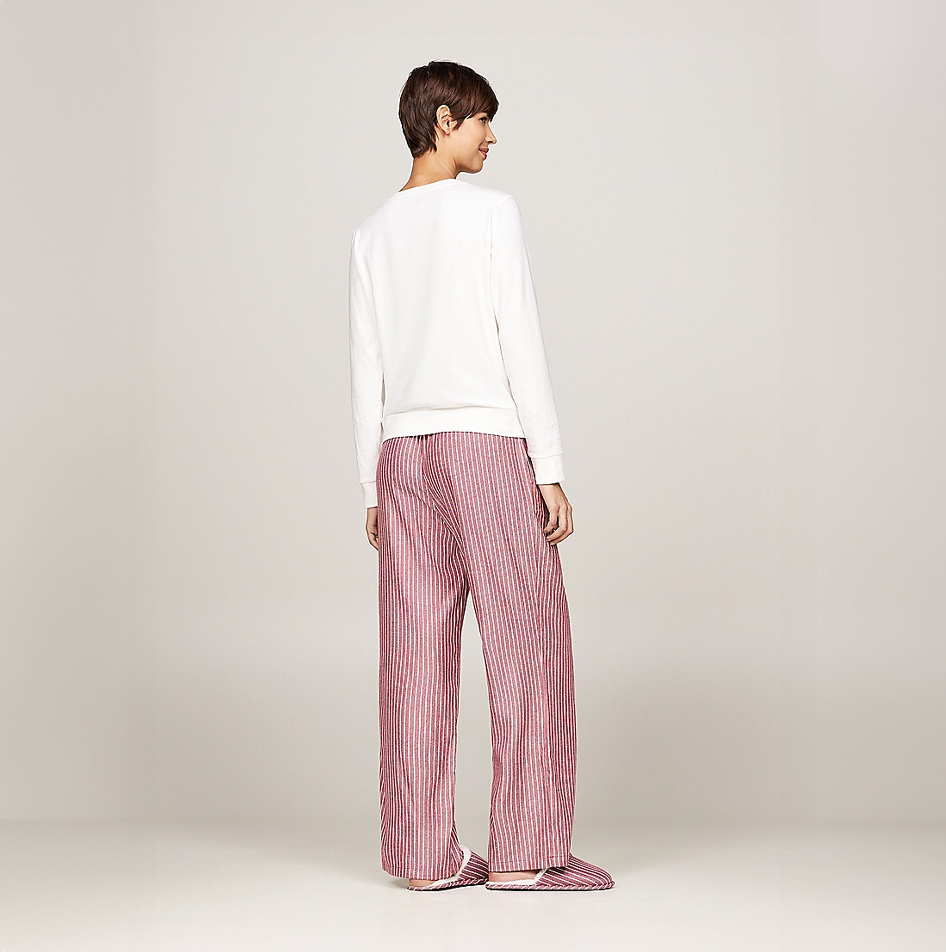 Tommy Hilfiger ORIGINAL Womens Flannel Pan Ivory/Pinstripe Rouge back view showing long loungewear top and striped pants.