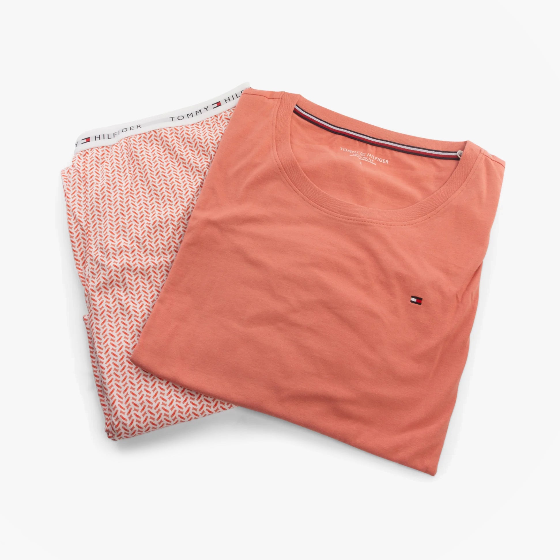 Tommy Hilfiger TH ICON Long Sleeve Jersey Pyjama Set Womens Coral Clay / Mini Geo Pink top front view with printed pants.