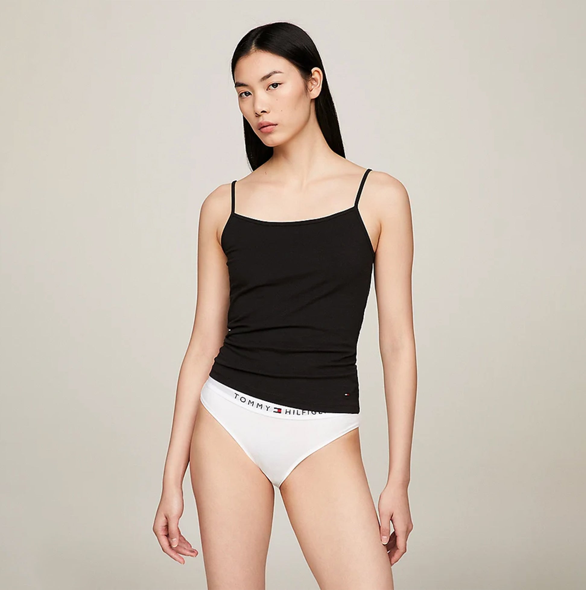 Tommy Hilfiger CAMI 2 Pack Womens Vest Black/Misty Blush front view, showcasing spaghetti straps and stretchy cotton.