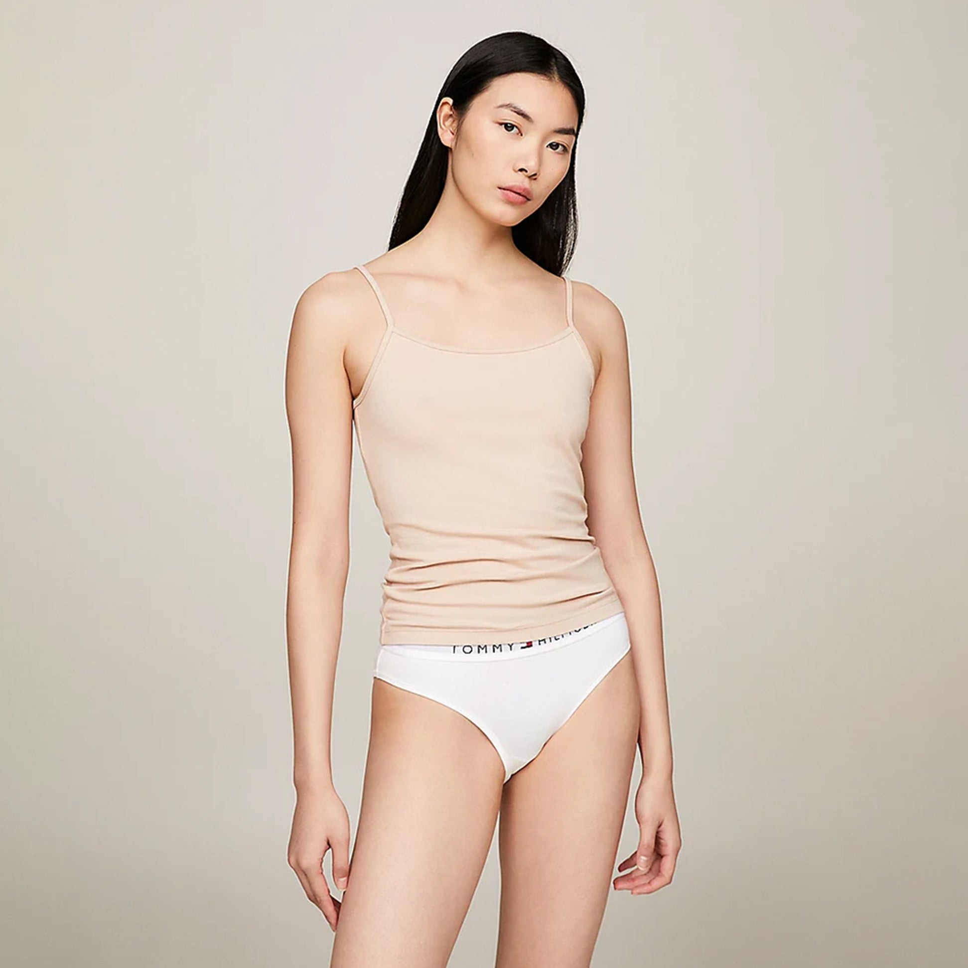 Tommy Hilfiger CAMI 2 Pack Womens Vest Black/Misty Blush front view on model displaying comfort and style.