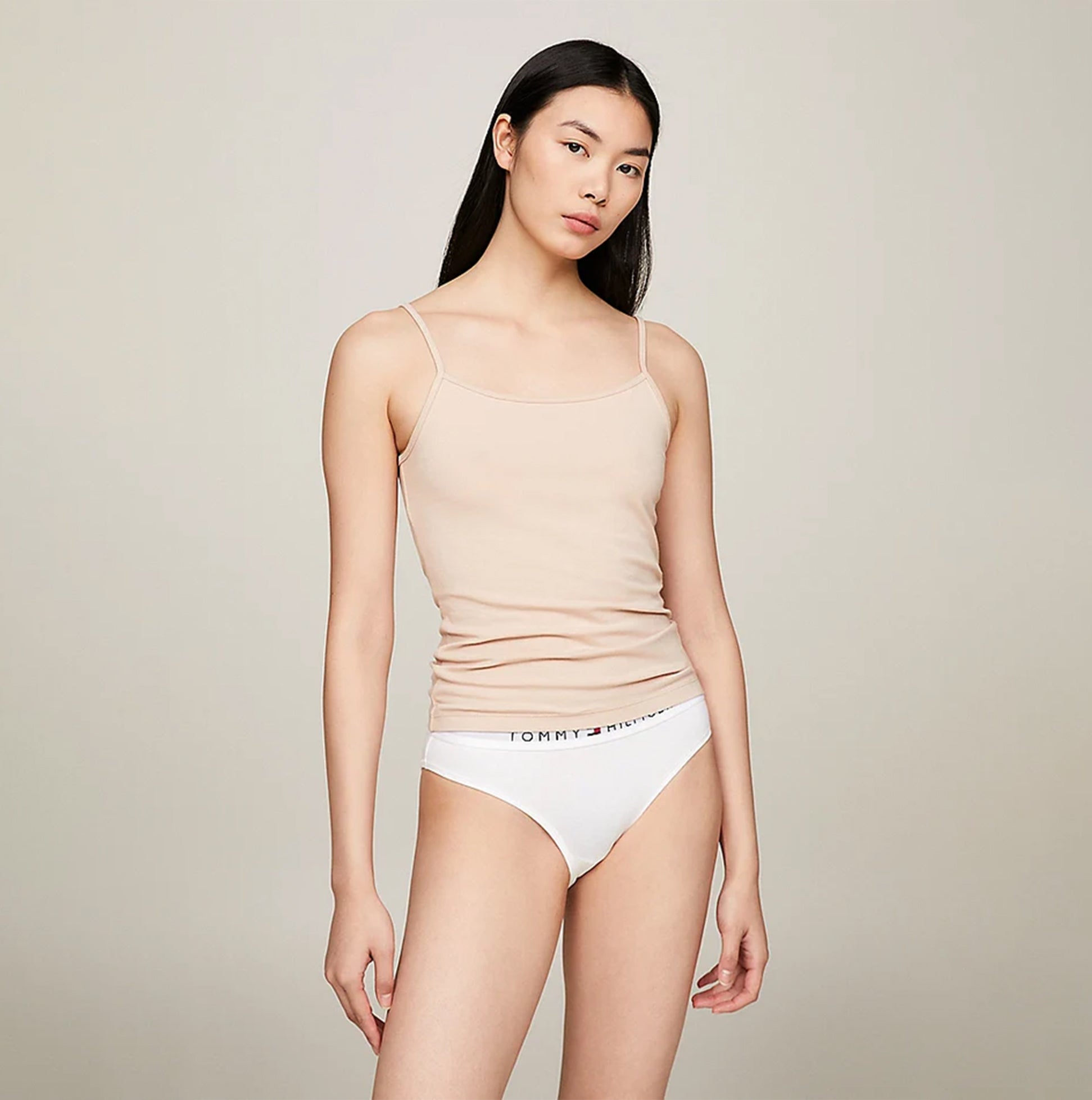 Tommy Hilfiger CAMI 2 Pack Womens Vest Black/Misty Blush front view on model displaying comfort and style.