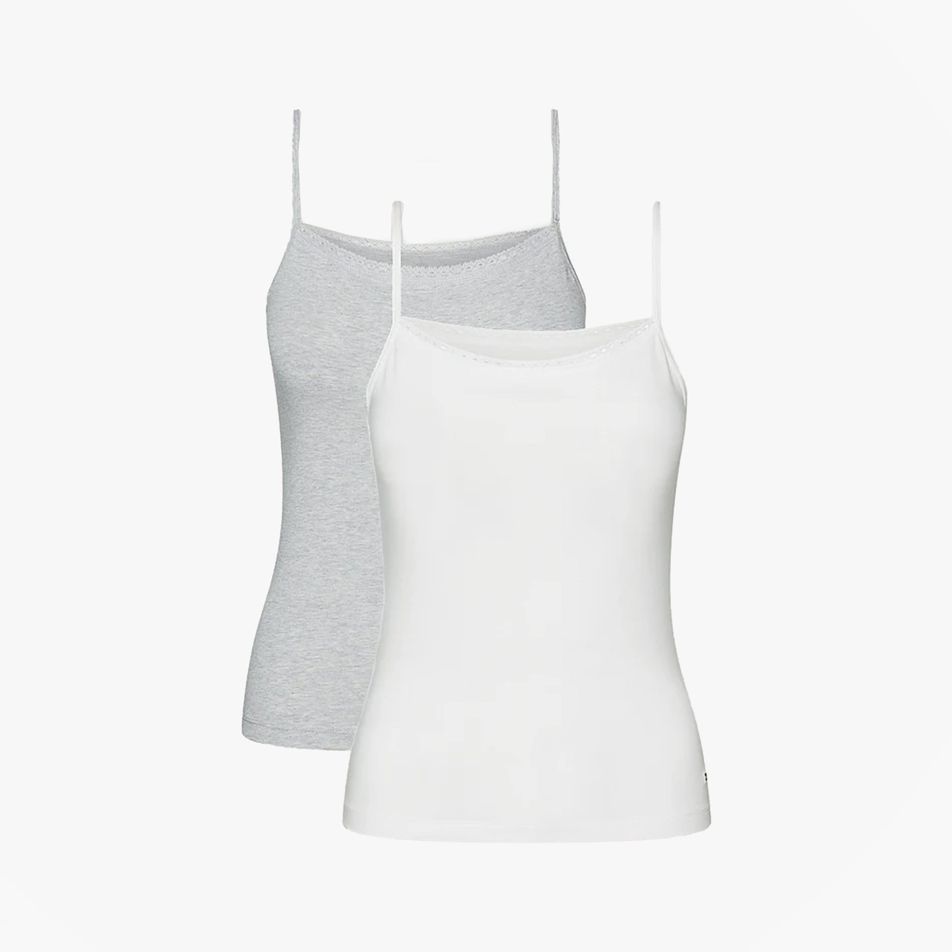Tommy Hilfiger CAMI WITH LACE 2 Pack Womens White/Grey Heather front view of camisole set with spaghetti straps.