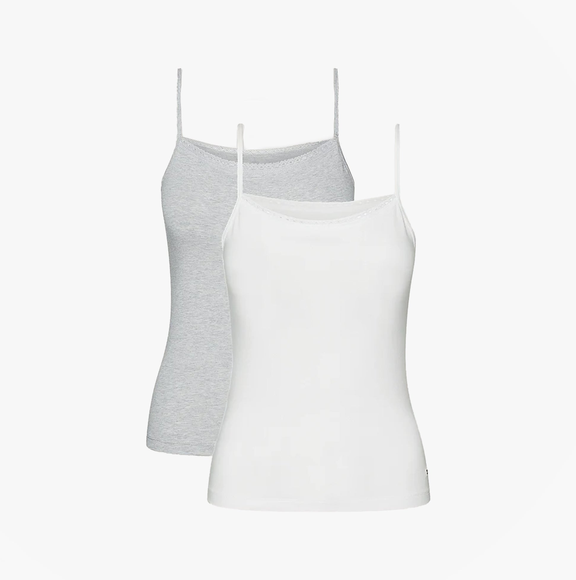 Tommy Hilfiger CAMI WITH LACE 2 Pack Womens White/Grey Heather front view of camisole set with spaghetti straps.