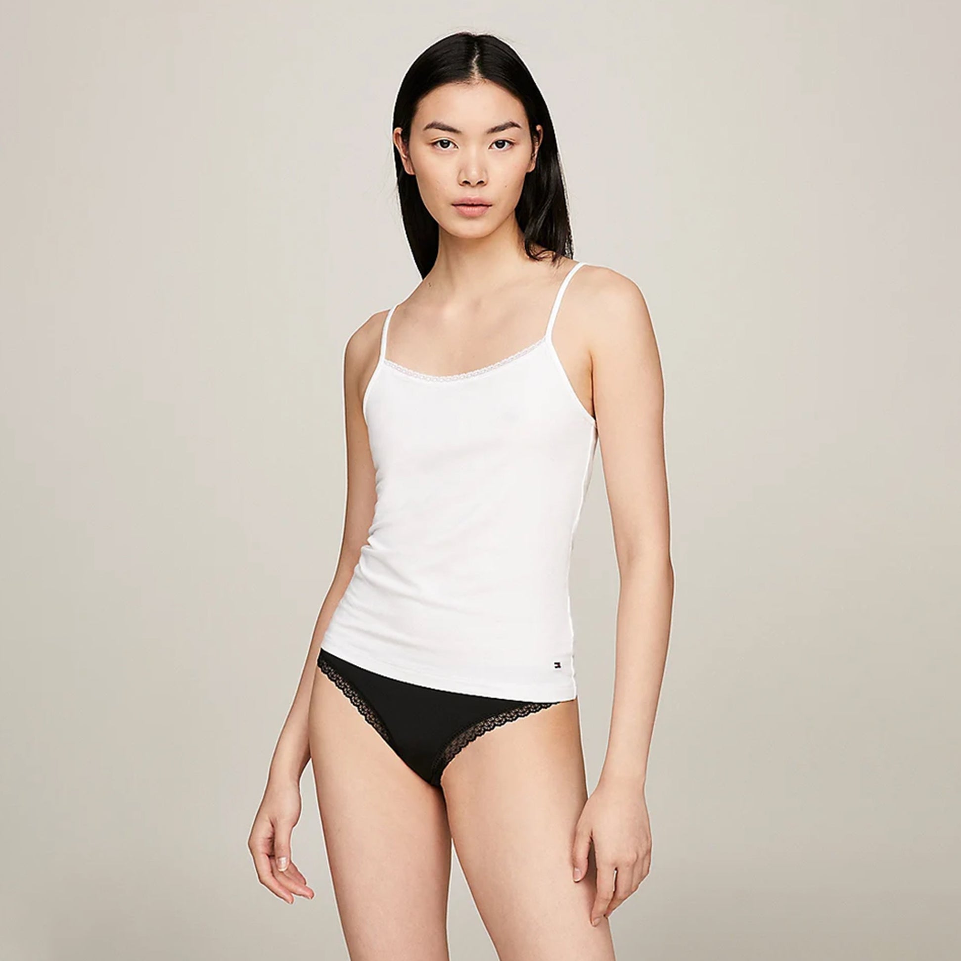 Tommy Hilfiger CAMI WITH LACE 2 Pack Womens White/Grey Heather front view showing spaghetti strap design and lace trim.