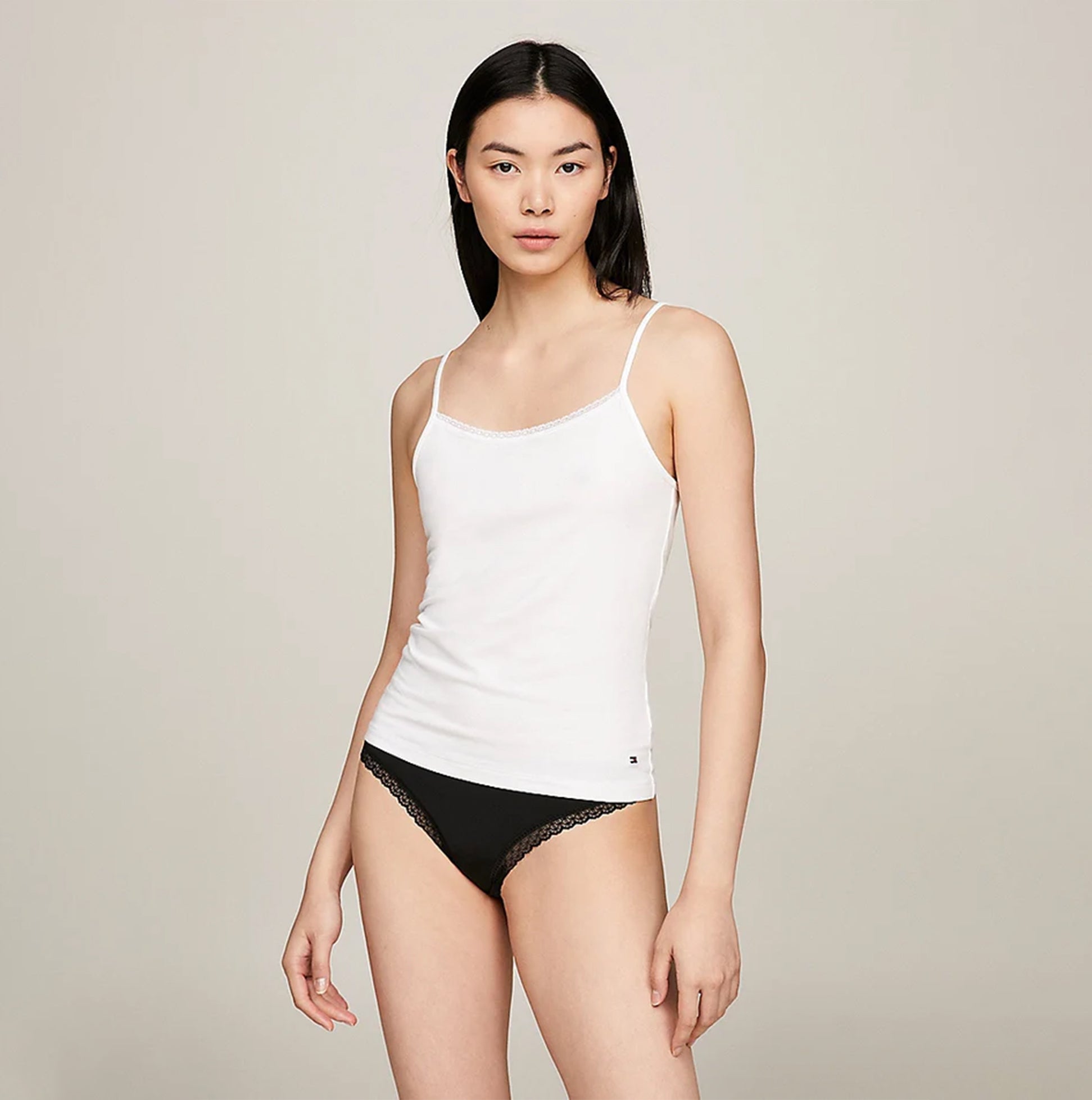 Tommy Hilfiger CAMI WITH LACE 2 Pack Womens White/Grey Heather front view showing spaghetti strap design and lace trim.