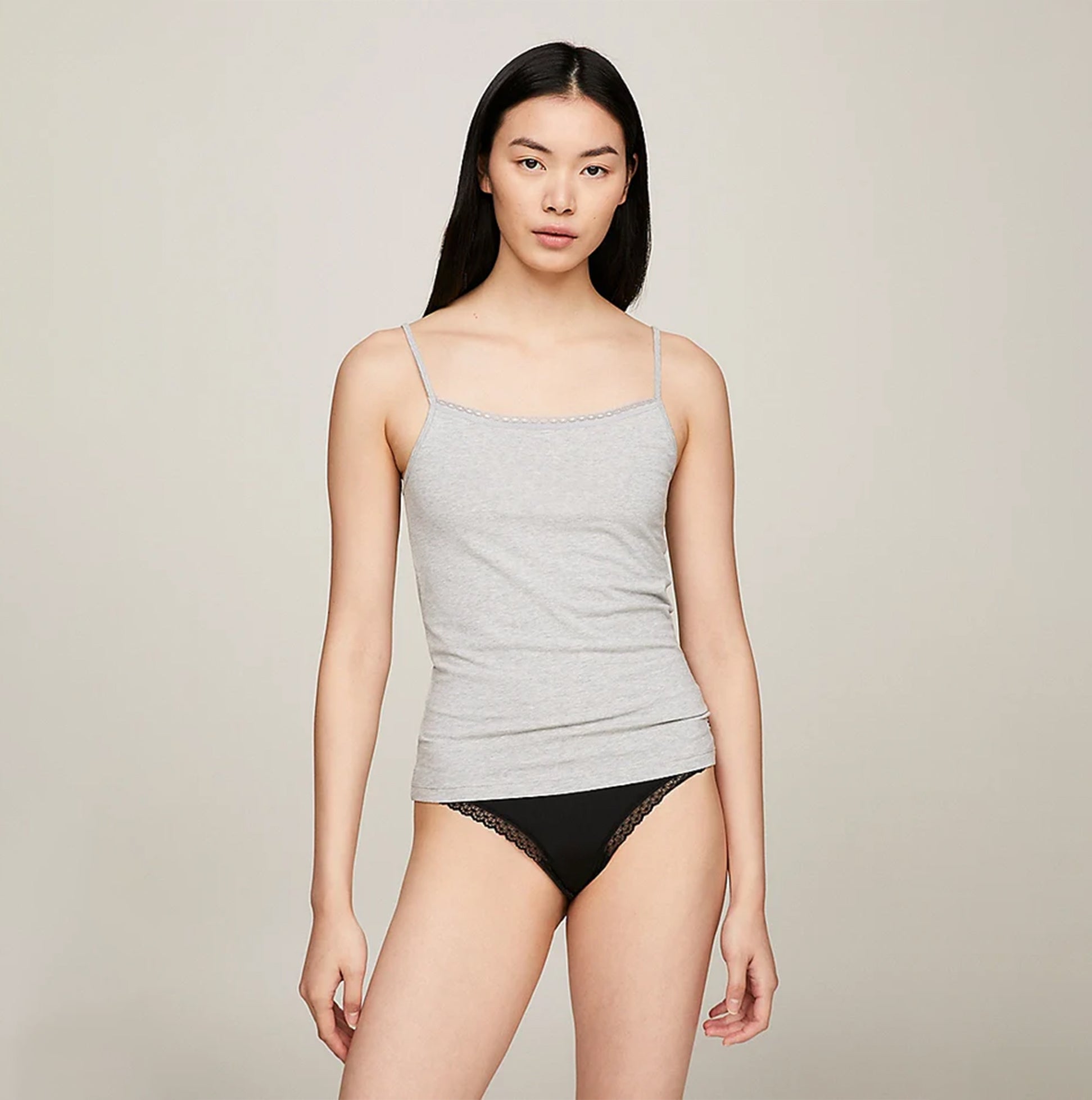 Tommy Hilfiger CAMI WITH LACE 2 Pack Womens White/Grey Heather Front View, Spaghetti Strap, Lace Trim, Lightweight Cotton.