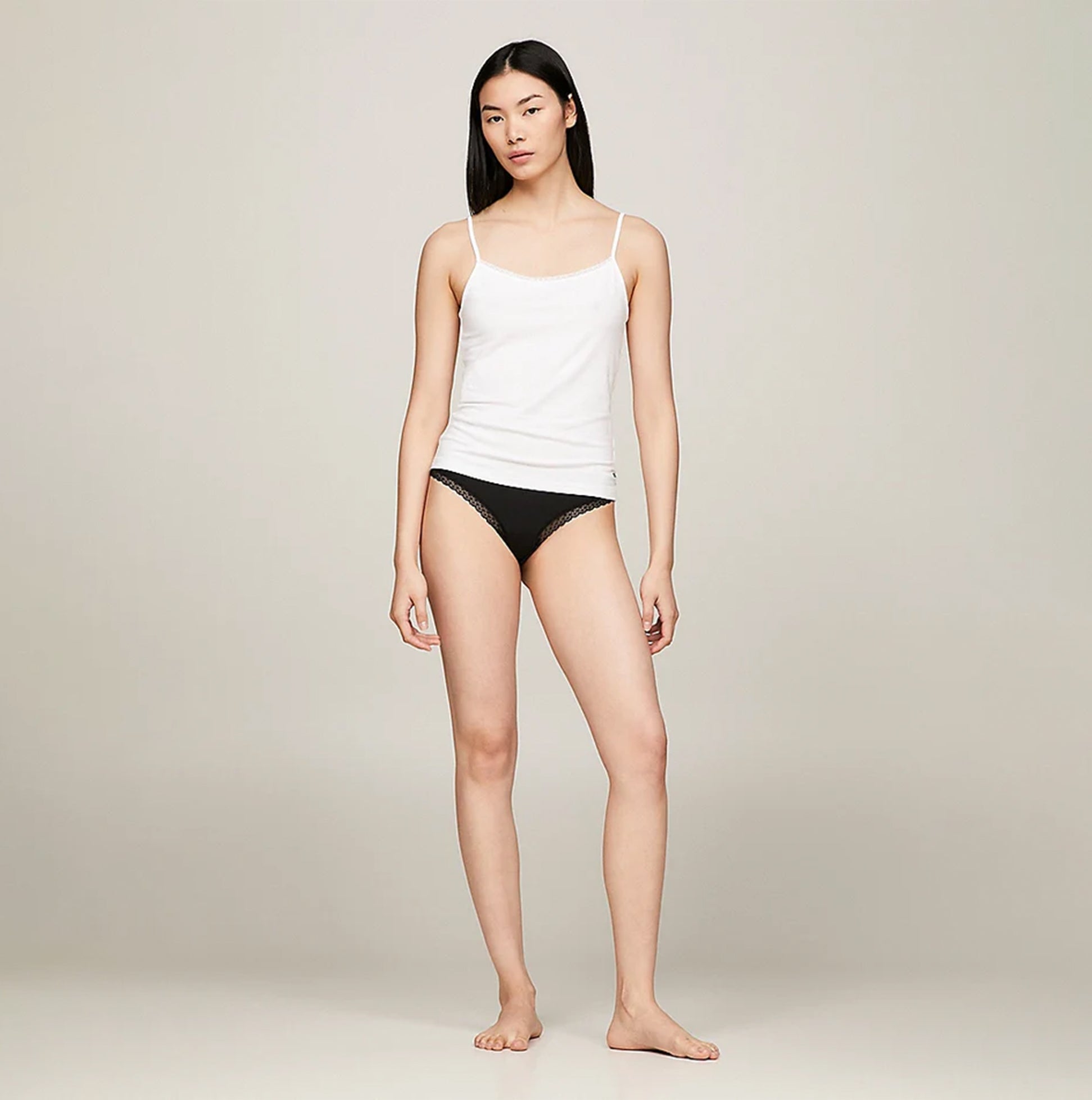 Tommy Hilfiger CAMI WITH LACE 2 Pack Womens White/Grey Heather shown in front view on model with black panties.