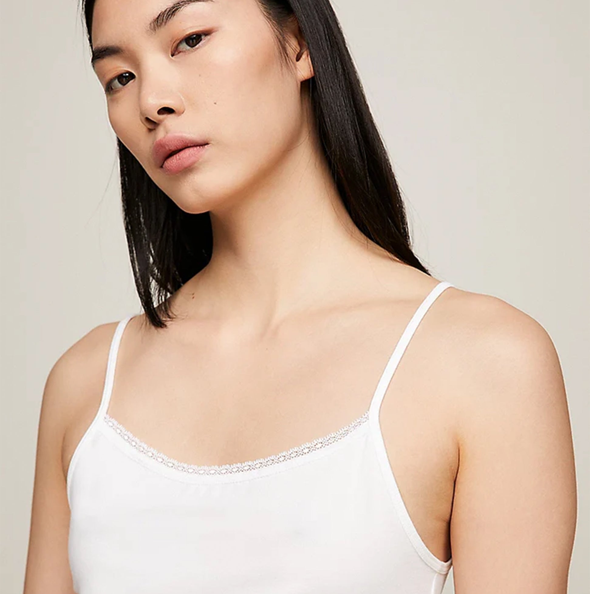 Tommy Hilfiger CAMI WITH LACE 2 Pack Womens White/Grey Heather front view showing lace detail on scoop neckline.