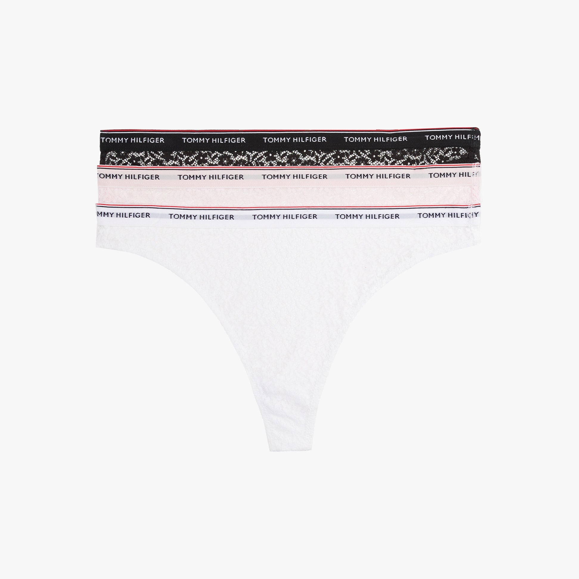 Tommy Hilfiger Womens 3 Pack Thong Lace Multicoloured front view showcasing three thongs with logo elasticated waistband.