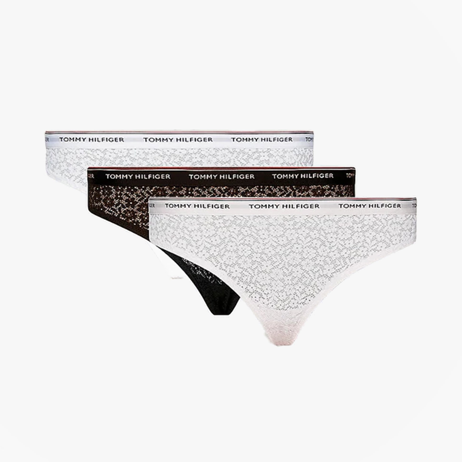 Tommy Hilfiger BIKINI LACE 3 Pack Womens Briefs Black/White/Light Pink, front view showcasing floral lace and elastic waistband.
