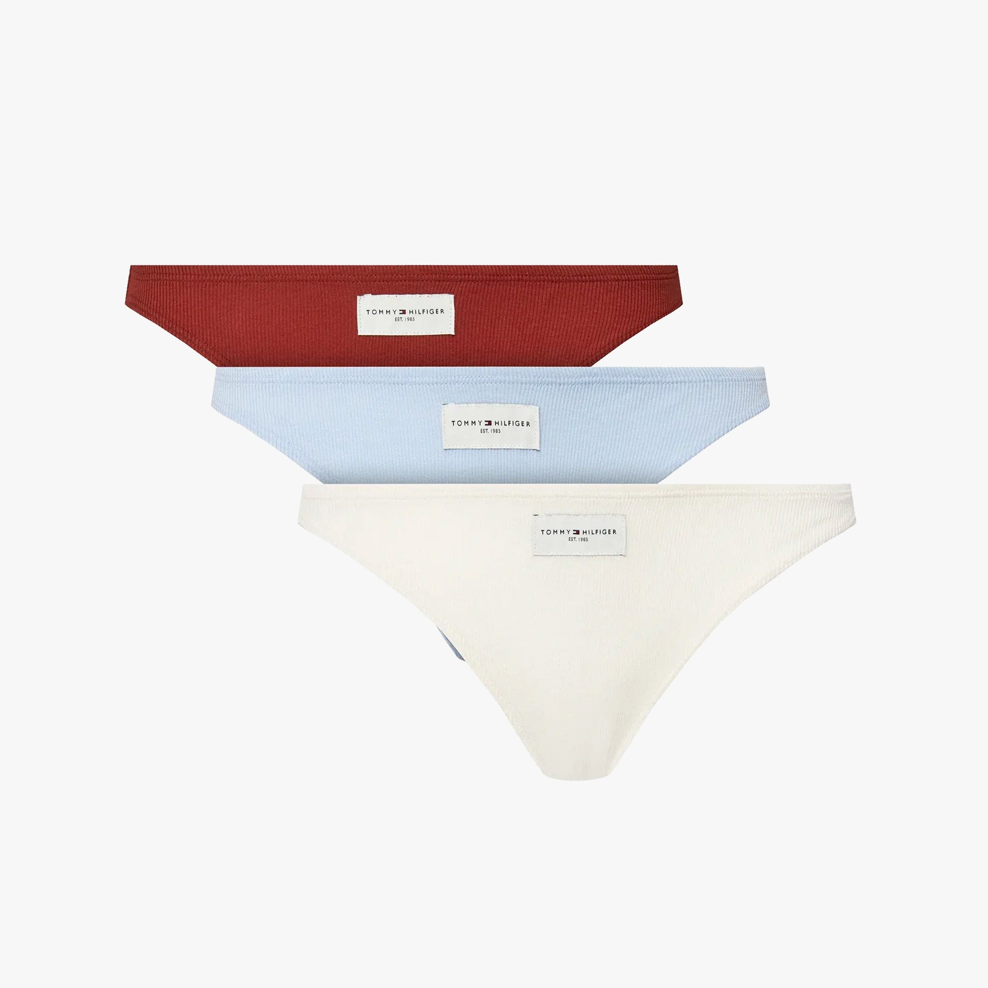 Tommy Hilfiger ESTABLISHED Womens 3 Pack Ribbed Bikinis Multicoloured showing front view of red, blue, and white bikinis.