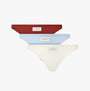 Tommy Hilfiger ESTABLISHED Womens 3 Pack Ribbed Bikinis Multicoloured showing front view of red, blue, and white bikinis.