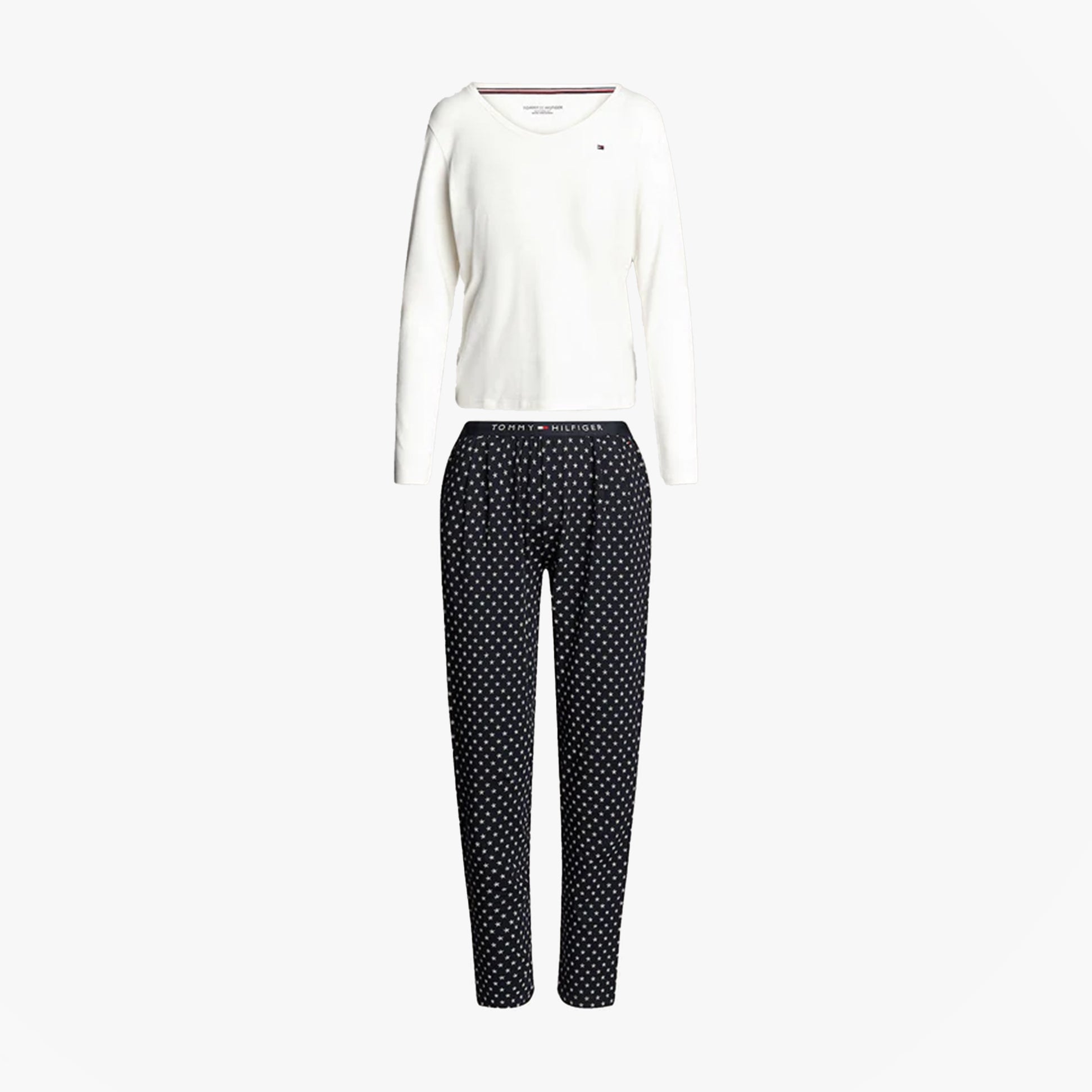 Tommy Hilfiger ORIGINAL Womens Pyjama Set Ancient White/Star Navy front view featuring long sleeves and printed pants.