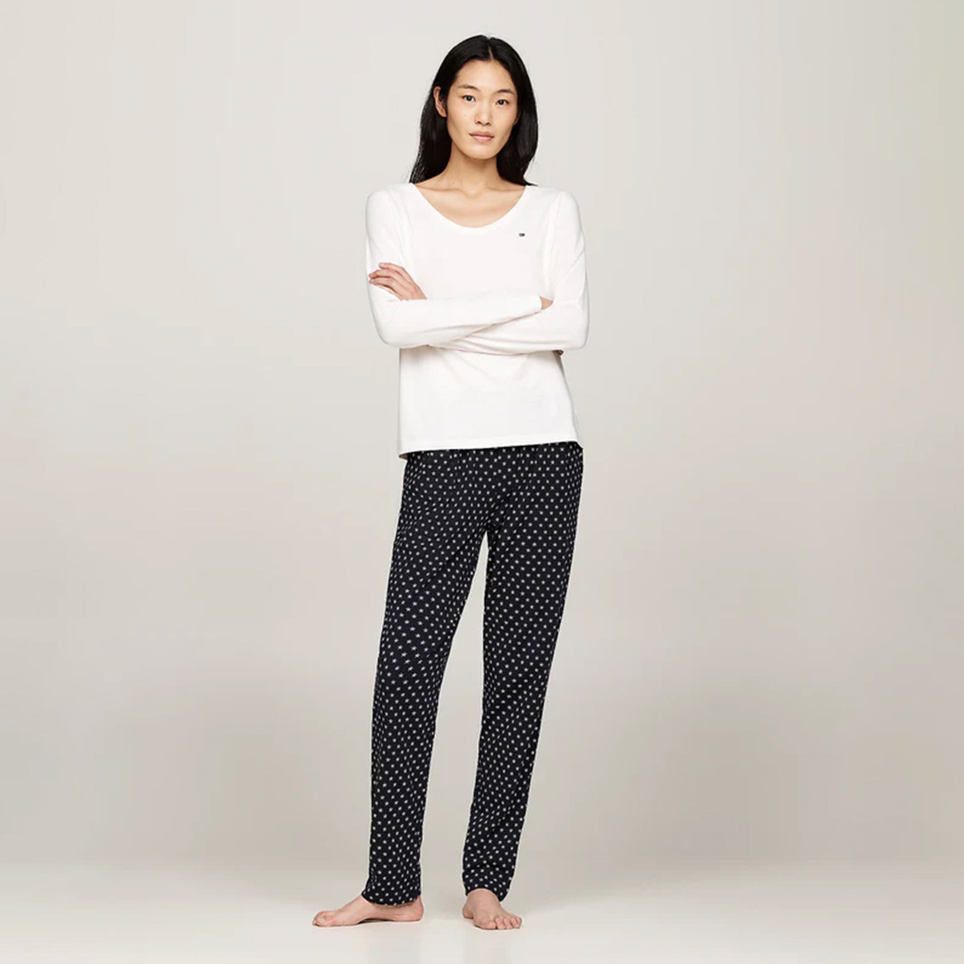 Tommy Hilfiger ORIGINAL Womens Pyjama Set Ancient White/Star Navy front view showcasing long sleeve top and polka dot bottoms.