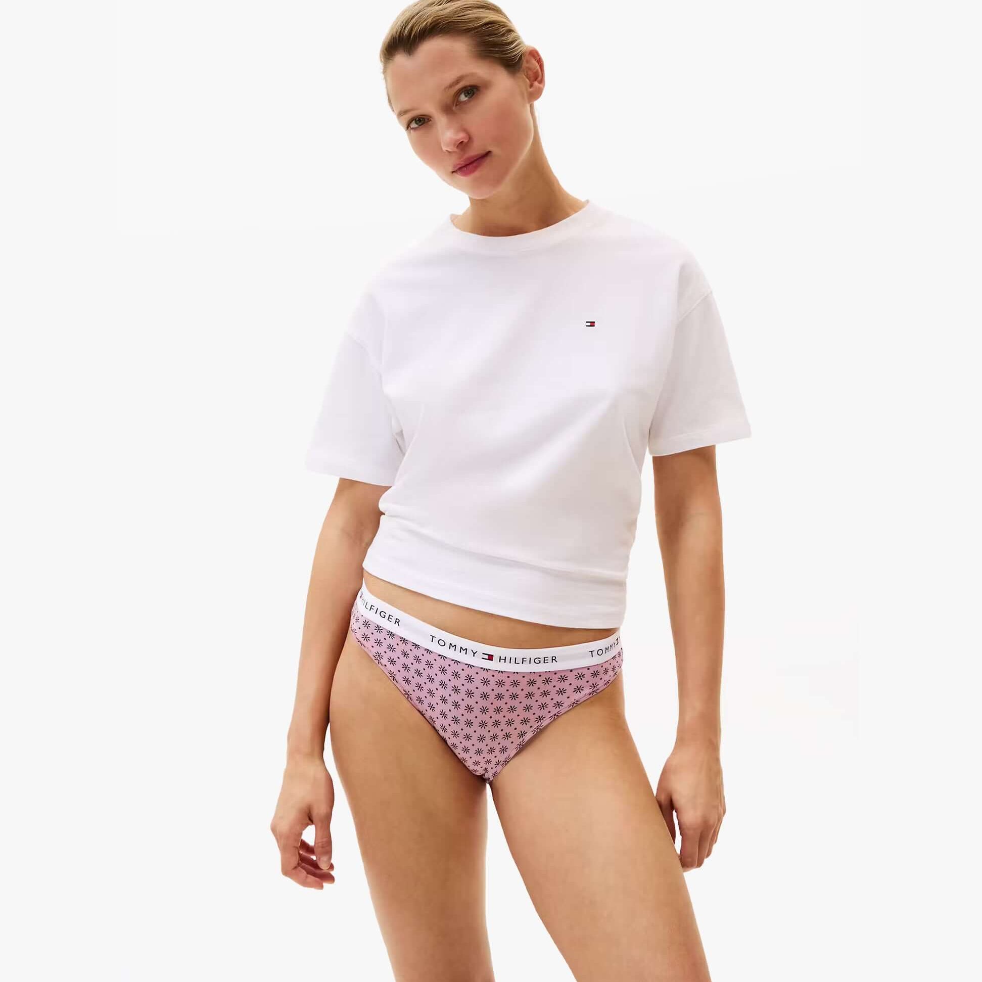 Tommy Hilfiger 3 Pack Womens BIKINI Multi, front view of model wearing purple bikini and white tee shirt.