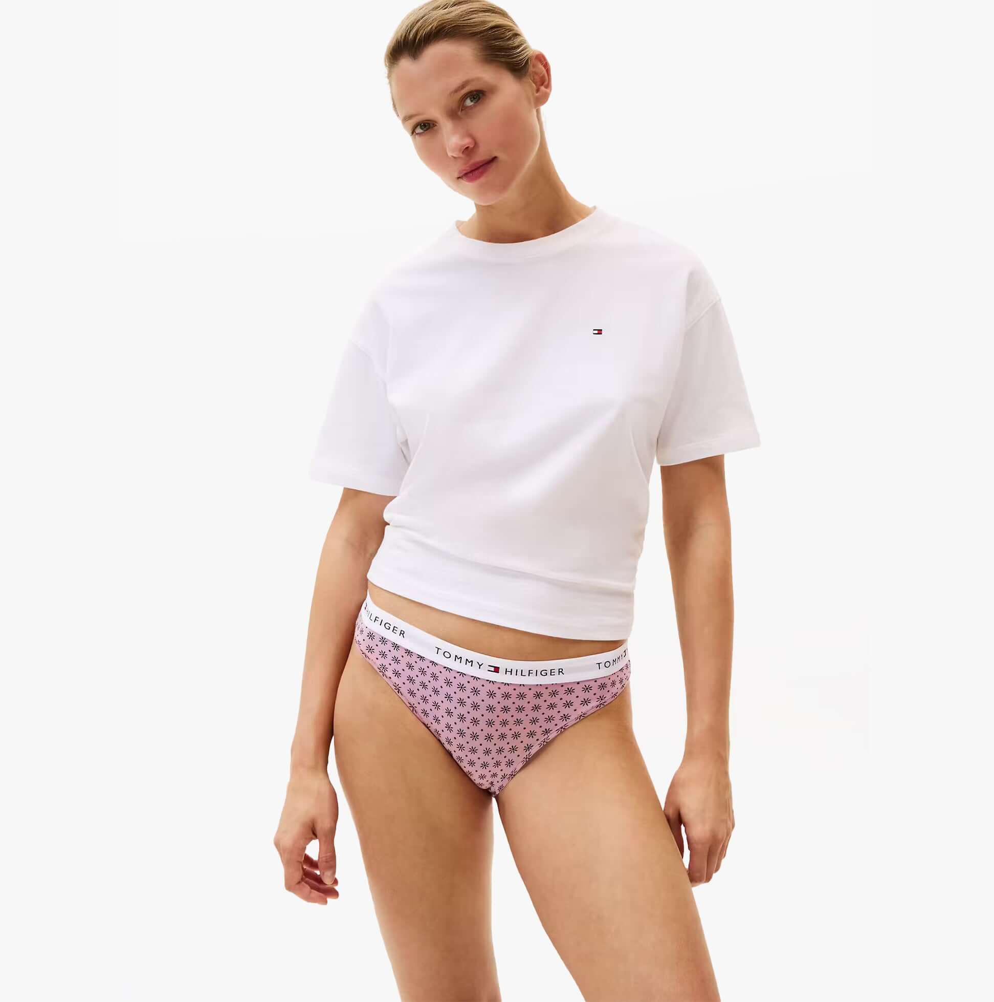 Tommy Hilfiger 3 Pack Womens BIKINI Multi, front view of model wearing purple bikini and white tee shirt.