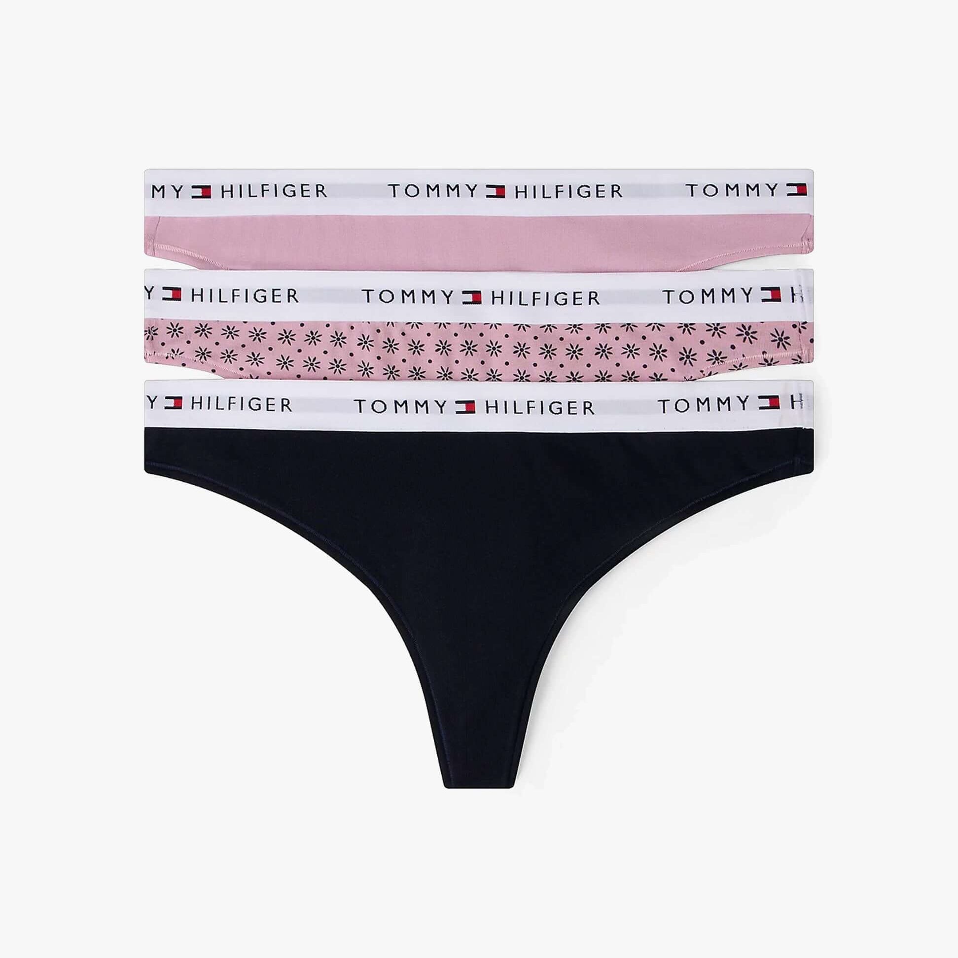 Tommy Hilfiger Womens 3 PACK THONG Multi front view showing three thongs in black and pink with logo waistbands.
