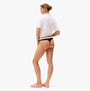 Tommy Hilfiger Womens 3 PACK THONG Multi in side view, model wearing black thong with logo waistband.