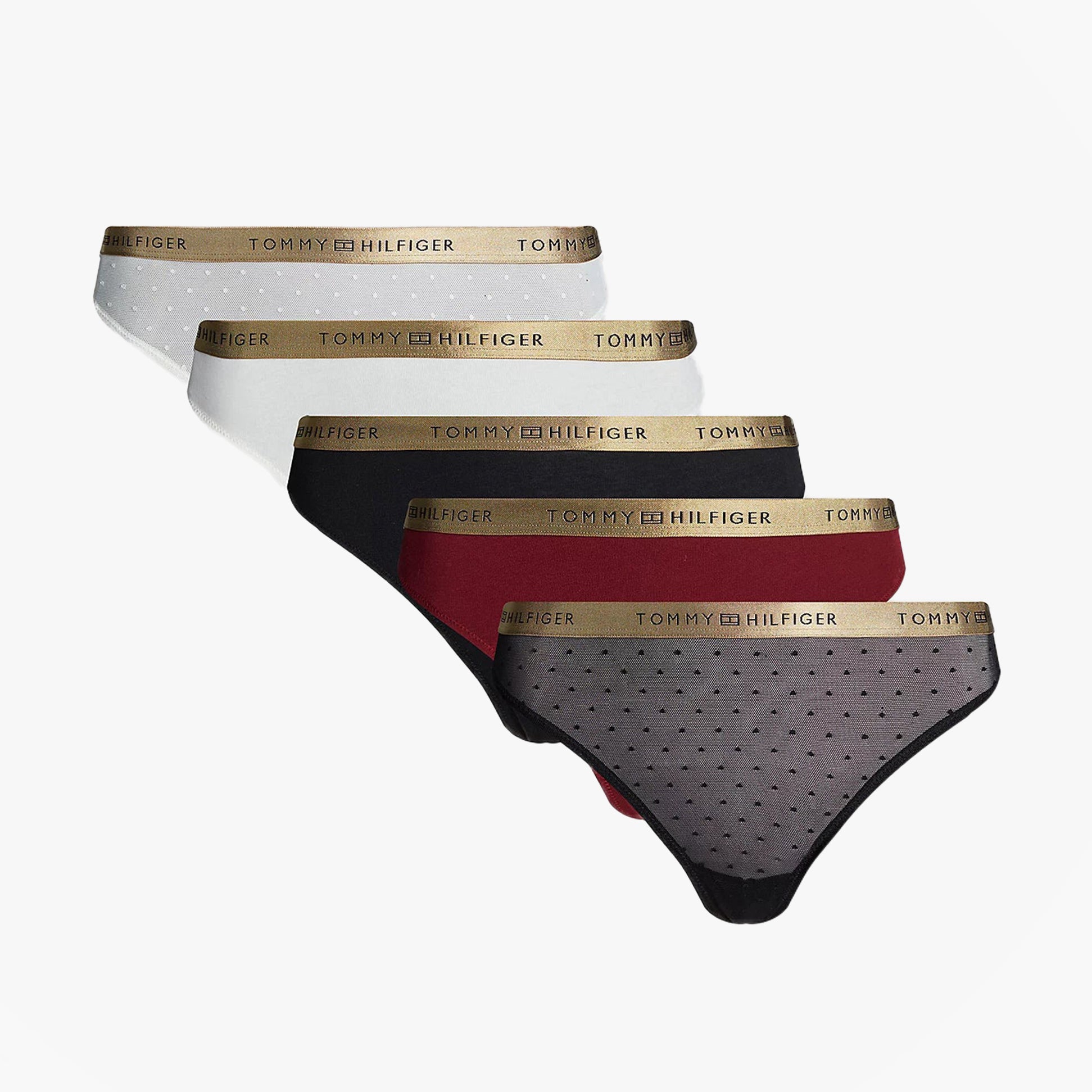 Tommy Hilfiger GIFT UNDERWEAR Womens 5 Pack Thongs Multicoloured, front view showcasing assorted colors and styles.