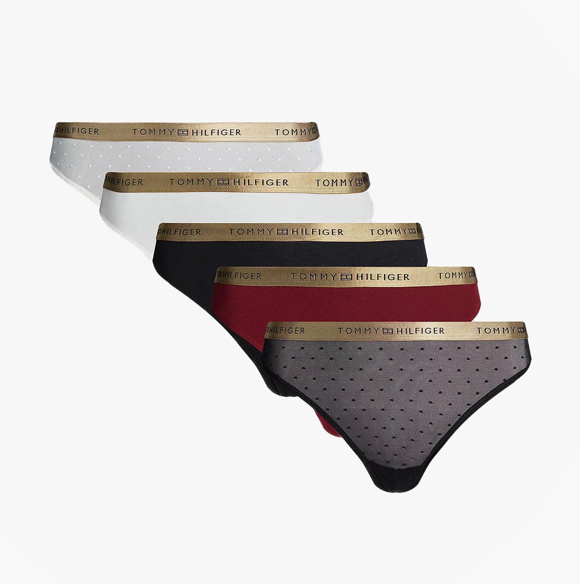 Tommy Hilfiger GIFT UNDERWEAR Womens 5 Pack Thongs Multicoloured, front view showcasing assorted colors and styles.