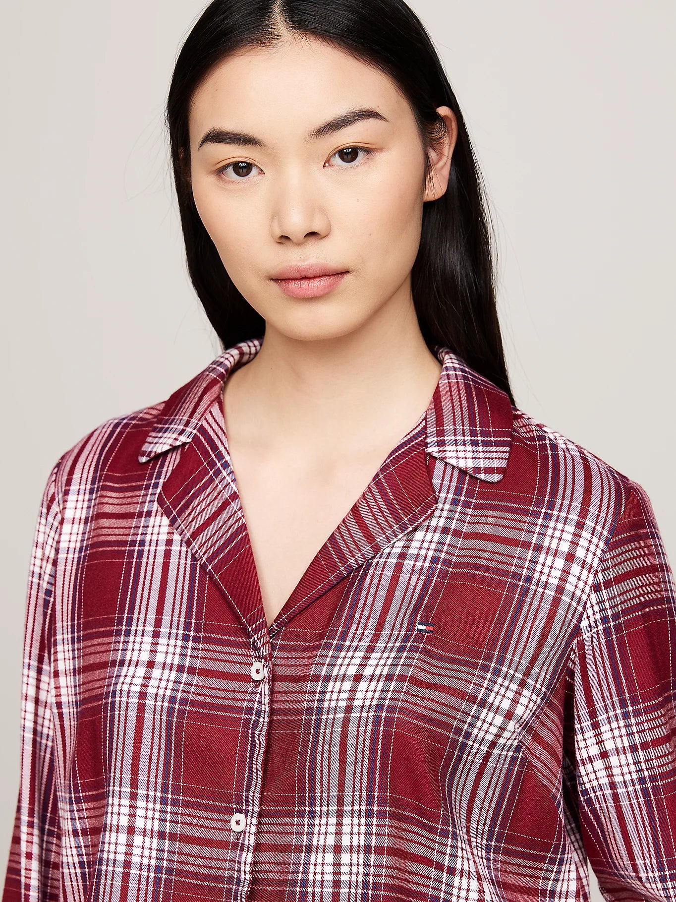 Tommy Hilfiger ORIGINAL Womens Pyjama Set Plaid Check Deep Rouge front view, featuring a stylish plaid design in deep rouge.