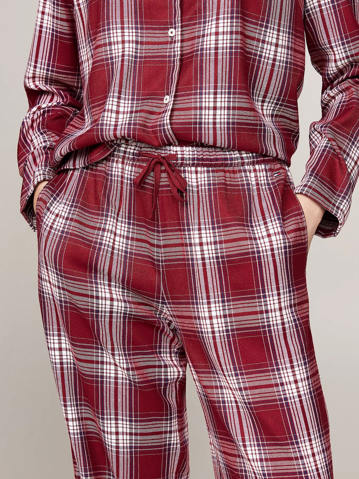 Tommy Hilfiger ORIGINAL Womens Pyjama Set Plaid Check Deep Rouge front view displaying plaid pattern and adjustable waistband.