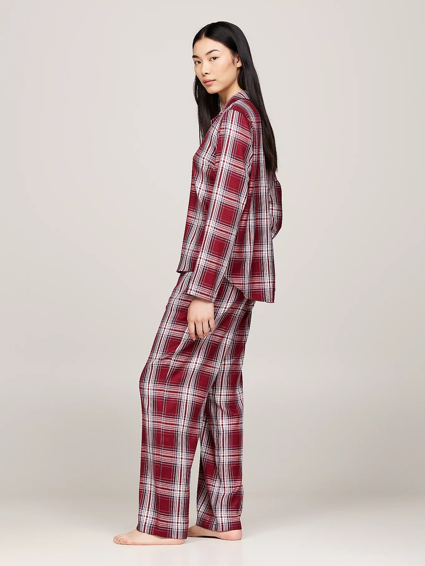 Tommy Hilfiger ORIGINAL Womens Pyjama Set Plaid Check Deep Rouge side view on model, showcasing comfortable fit and stylish design.