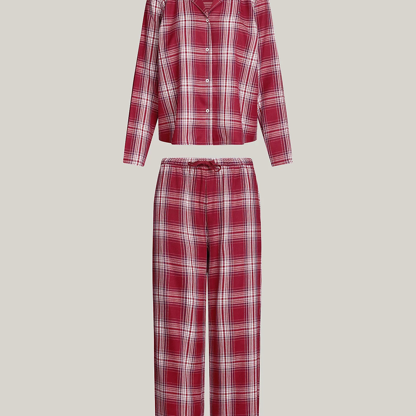 Tommy Hilfiger ORIGINAL Womens Pyjama Set Plaid Check Deep Rouge front view showcasing stylish check pattern and comfortable fit.