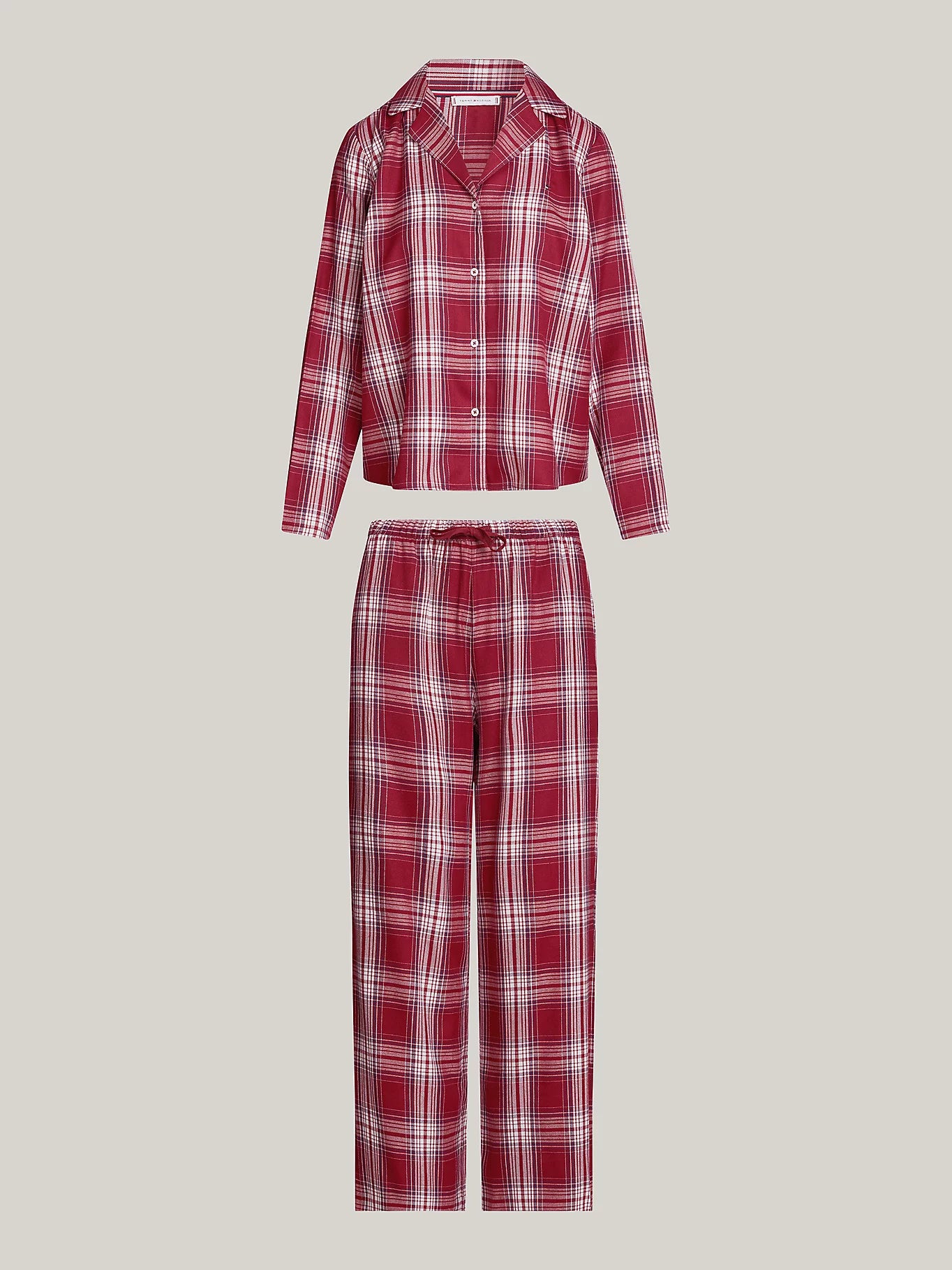 Tommy Hilfiger ORIGINAL Womens Pyjama Set Plaid Check Deep Rouge front view showcasing stylish check pattern and comfortable fit.