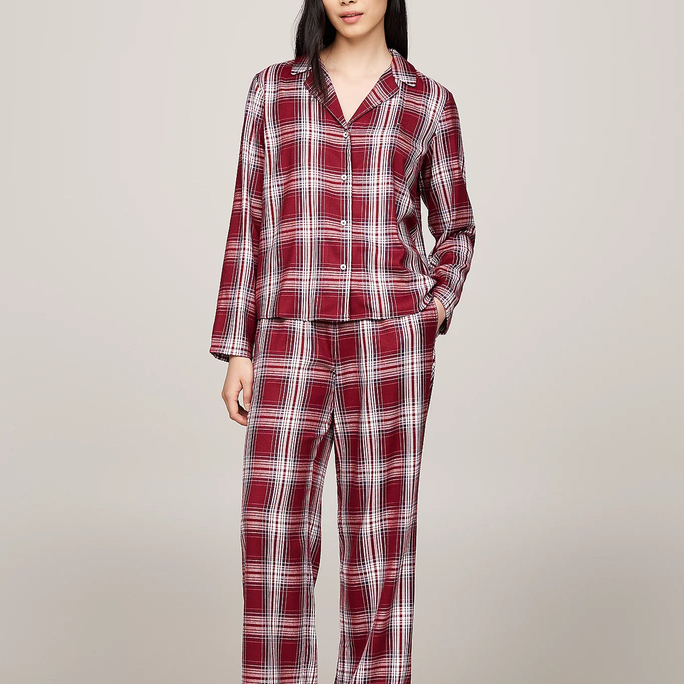 Tommy Hilfiger ORIGINAL Womens Pyjama Set Plaid Check Deep Rouge front view showcasing stylish plaid design and comfortable fit.