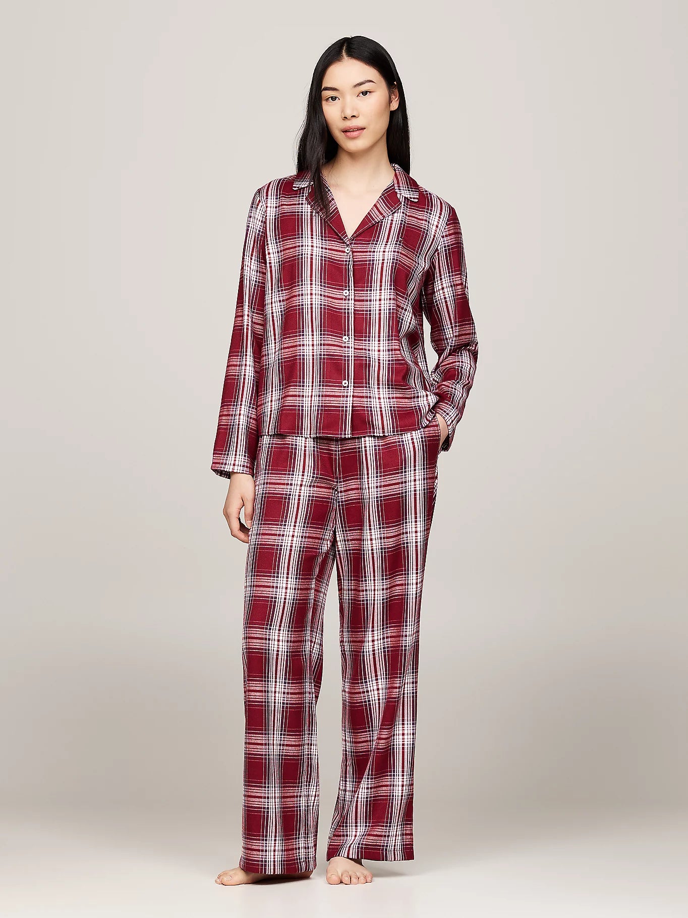 Tommy Hilfiger ORIGINAL Womens Pyjama Set Plaid Check Deep Rouge front view showcasing stylish plaid design and comfortable fit.