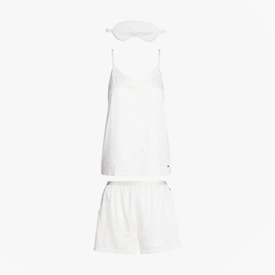 Tommy Hilfiger SATIN Pyjamas & Eye Mask Gift Set Womens Ivory front view; includes spaghetti strap top and shorts.