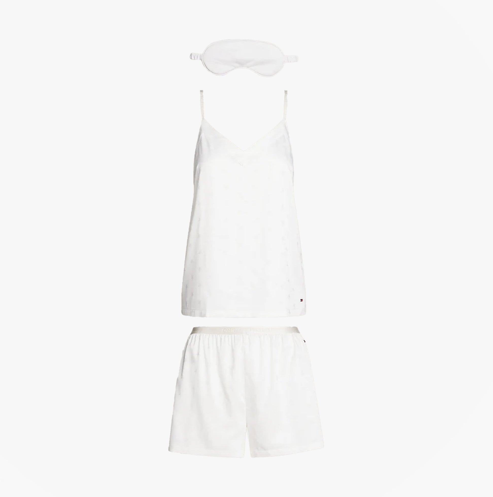 Tommy Hilfiger SATIN Pyjamas & Eye Mask Gift Set Womens Ivory front view; includes spaghetti strap top and shorts.